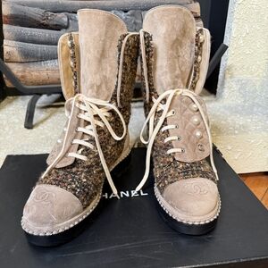 CHANEL Multicolor Tweed Lace-Up Boots
